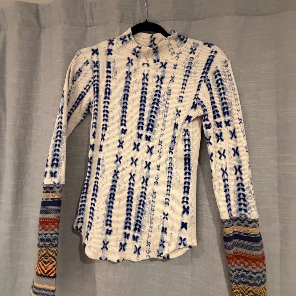 Free People Cream and Blue Textured Knit